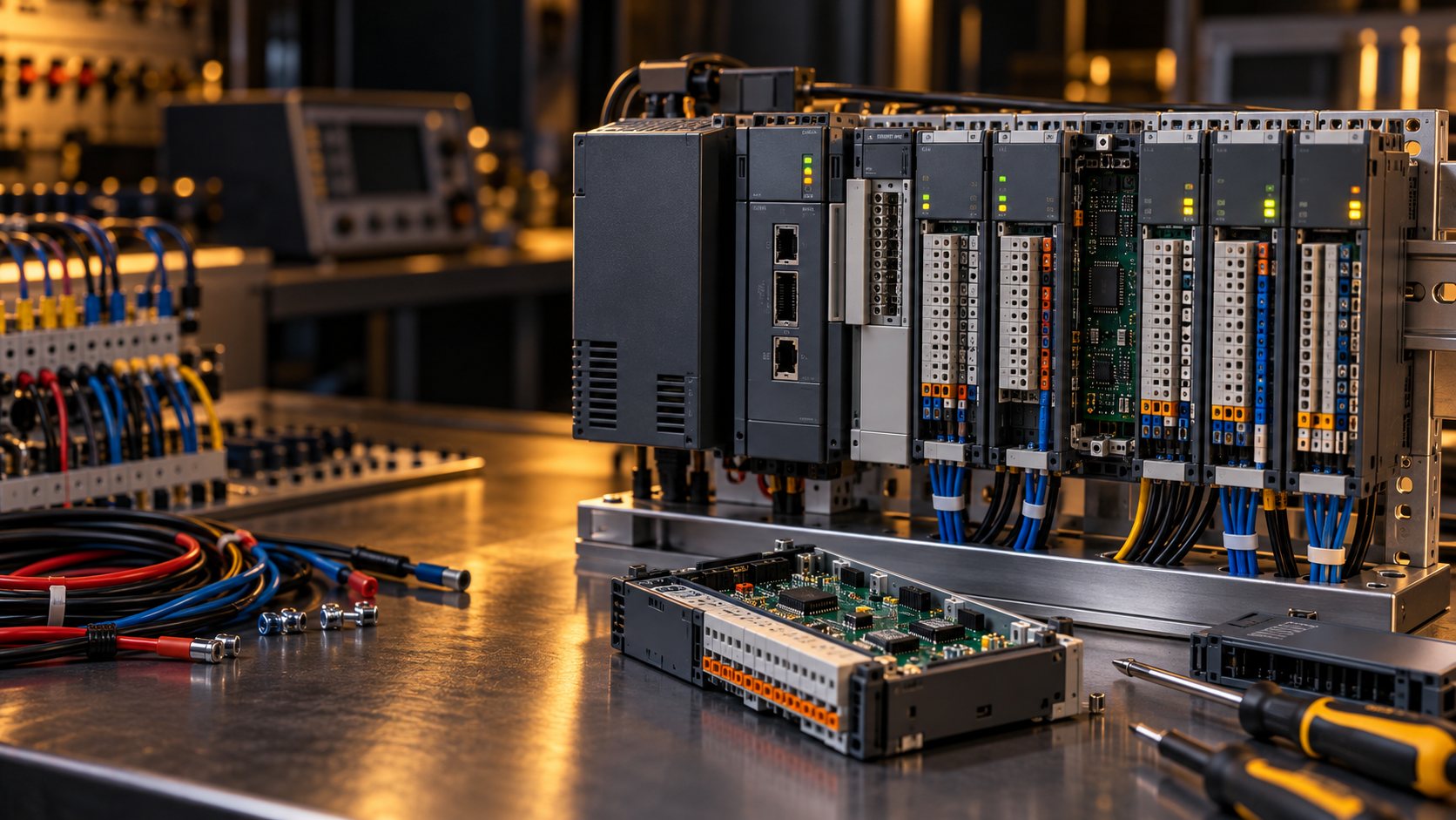 Test tezgâhında modüler PLC rafı; CPU, besleme ve I/O modülleri, önde sökülmüş bir I/O modülü.