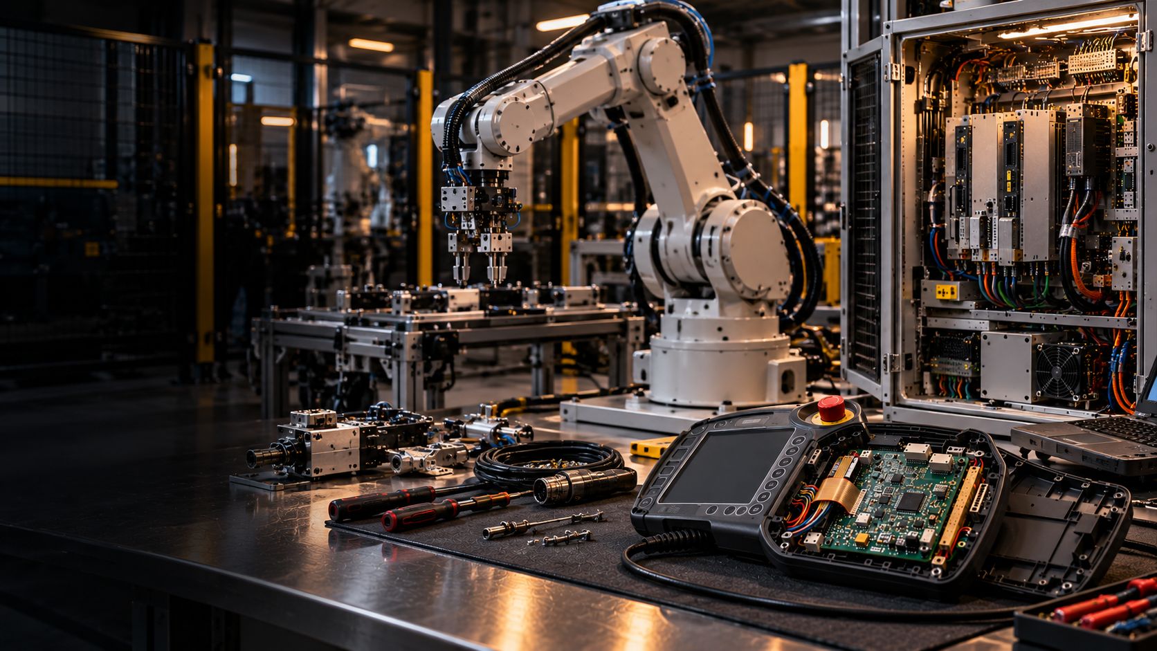 Kapağı açık teach pendant, arkada açık robot kontrol kabini ve altı eksenli robot kolu.