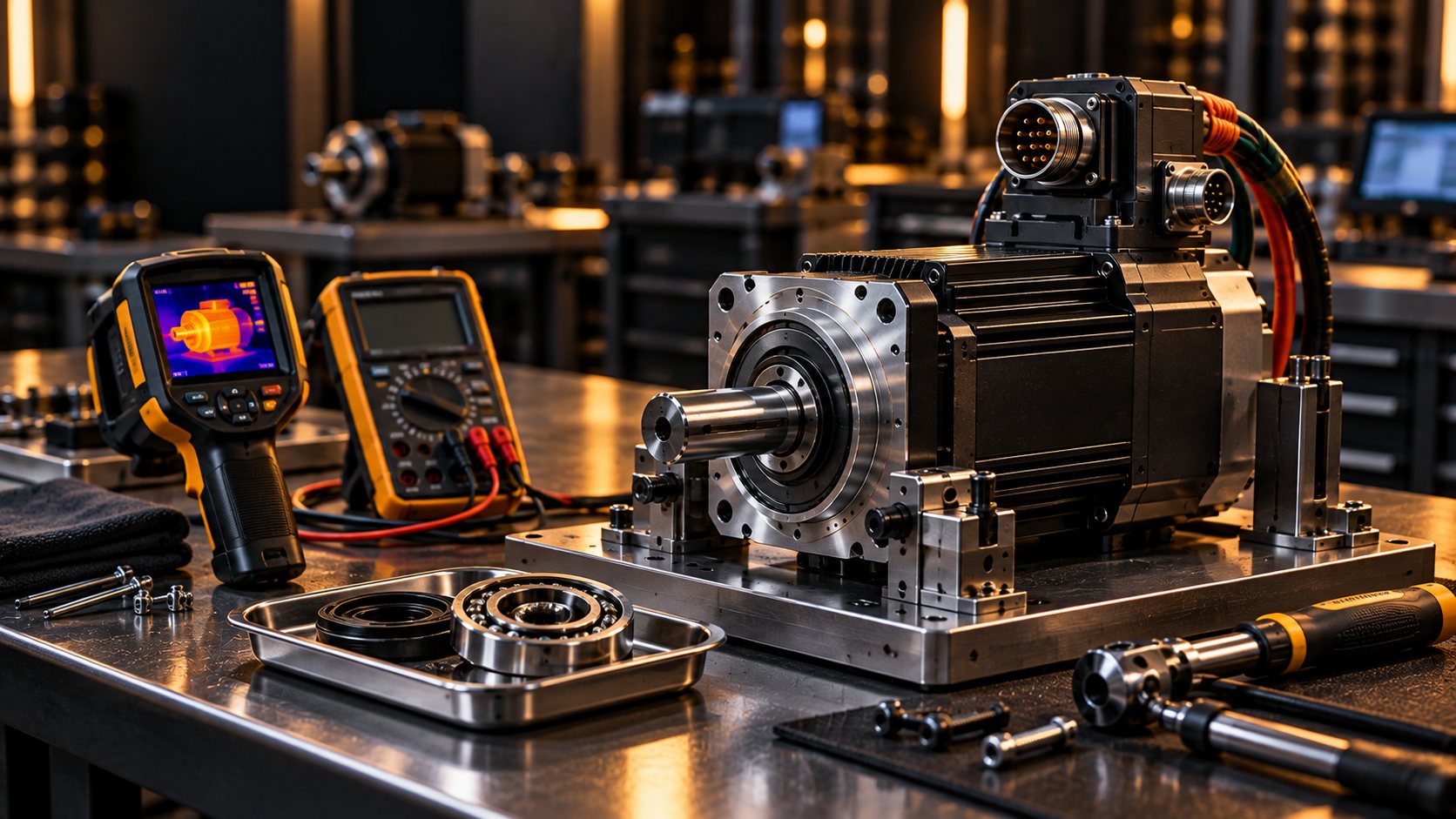 Test fikstüründe servo motor; termal kamera, multimetre ve yeni rulman ile keçe.