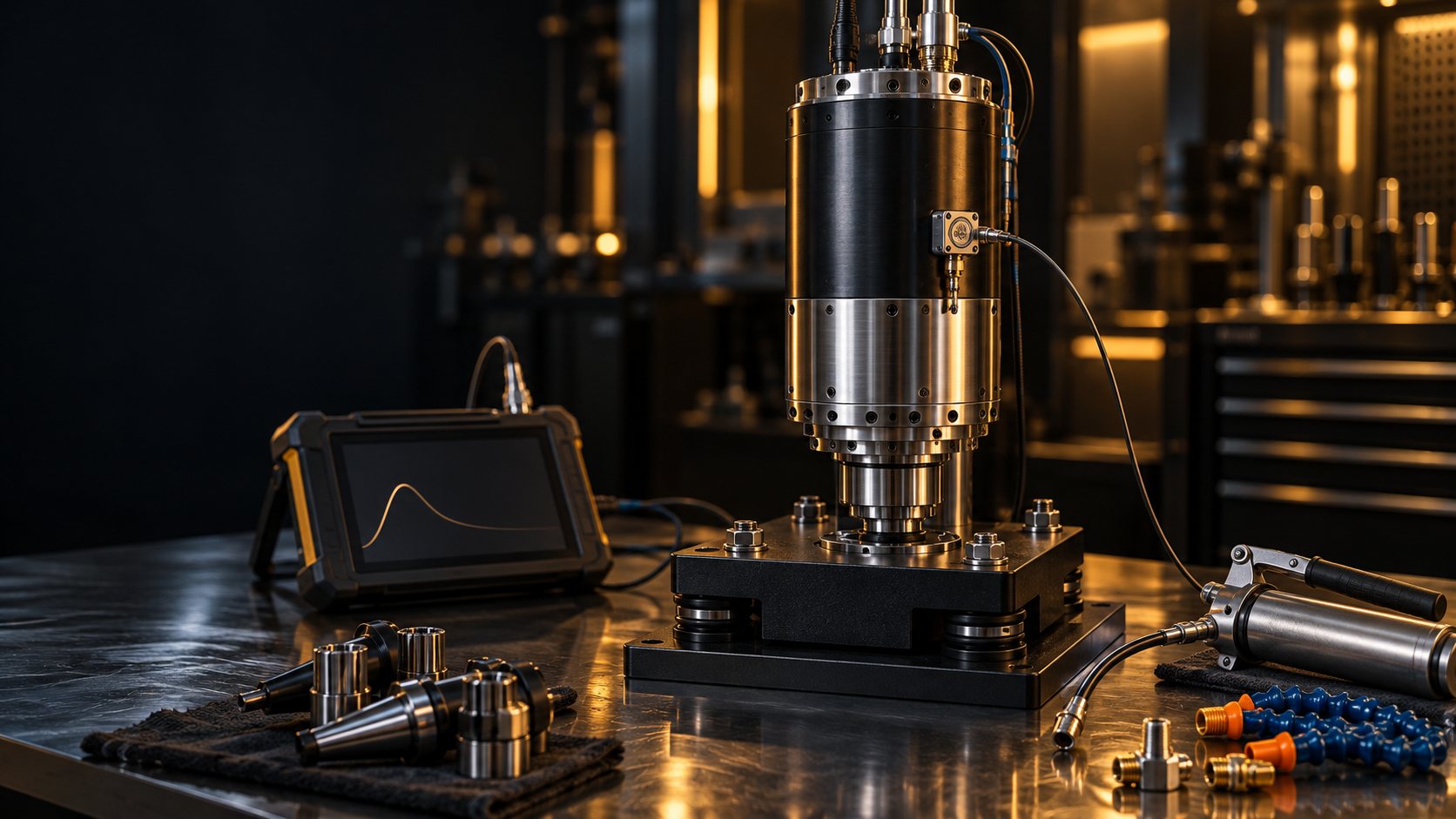 Test standındaki spindle motor, gövdeye bağlı titreşim sensörü ve ölçüm cihazı.