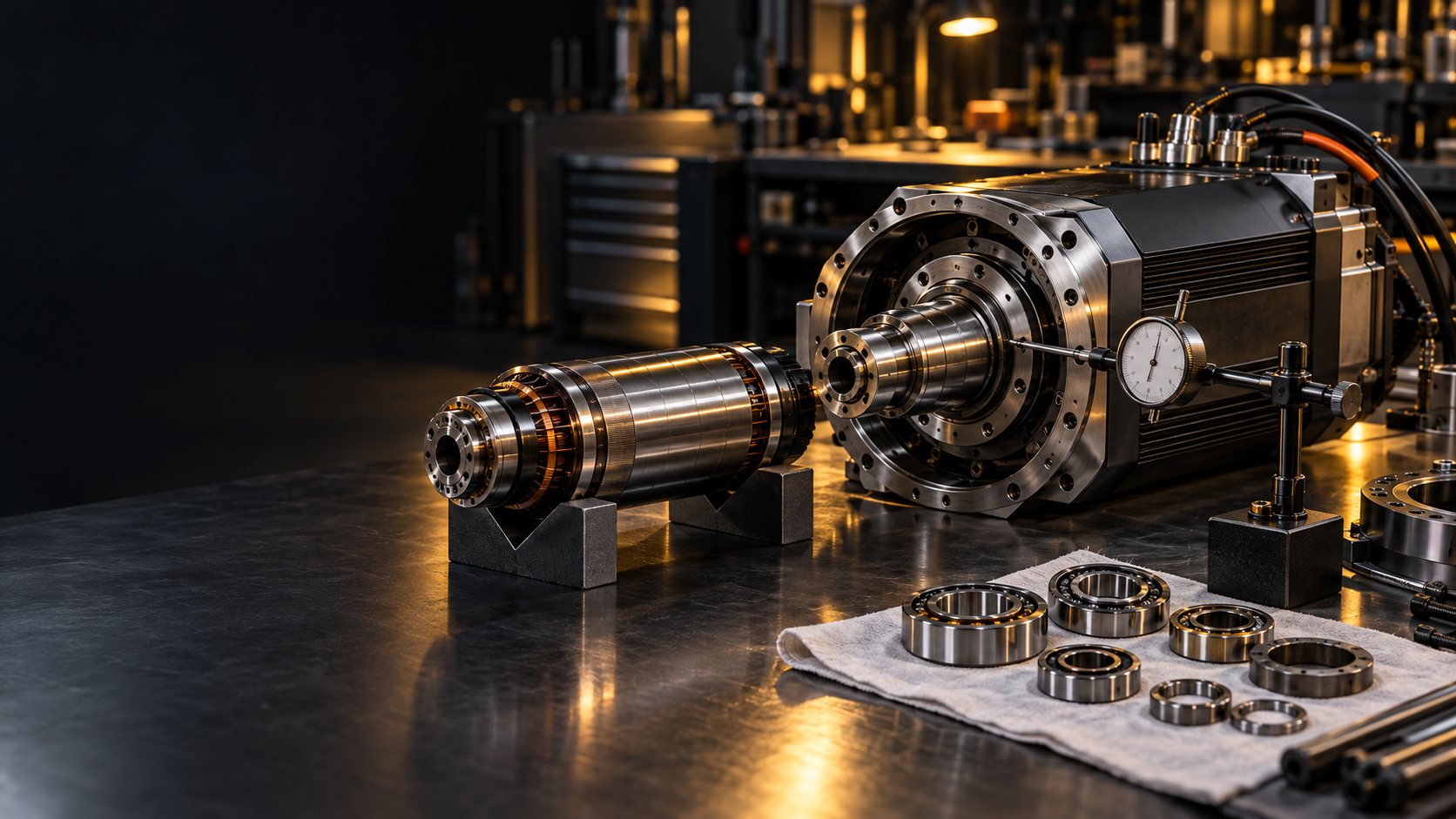 Rotoru V yataklara çıkarılmış spindle motor, mil salgısını ölçen komparatör ve sökülmüş rulmanlar.
